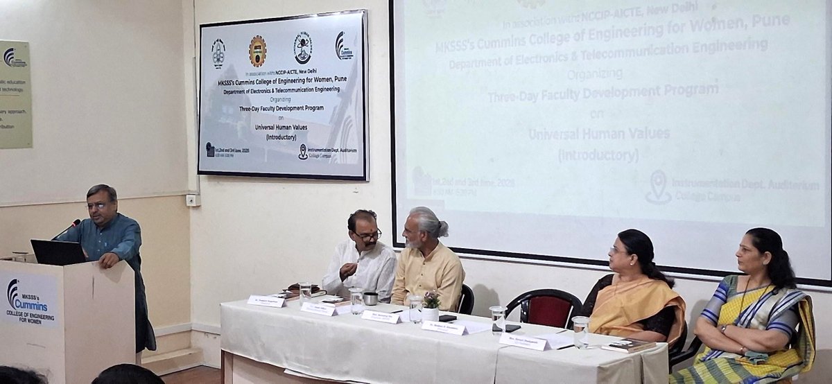 CumminsCollege's tweet photo. The Department of E&amp;Tc, MKSSS’s Cummins College of Engineering for Women, Pune, successfully organized a 3-Day Faculty Development Program (FDP) on Universal Human Values (Introductory) from 1st June to 3rd June 2026 under the aegis of NCCIP-AICTE. https://t.co/GqhC819IRe