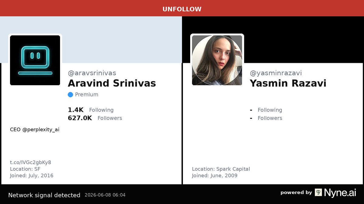 AIFollowGraph's tweet photo. UNFOLLOW @aravsrinivas is no longer following @yasminrazavi

Pure hypothesis, not confirmed: Aravind Srinivas may have unfollowed Yasmin Razavi due to recent developments in Perplexity AI's legal chal...

Comment AI leaders below that we should add to our monitor queue. https://t.co/In8ScF0y0D