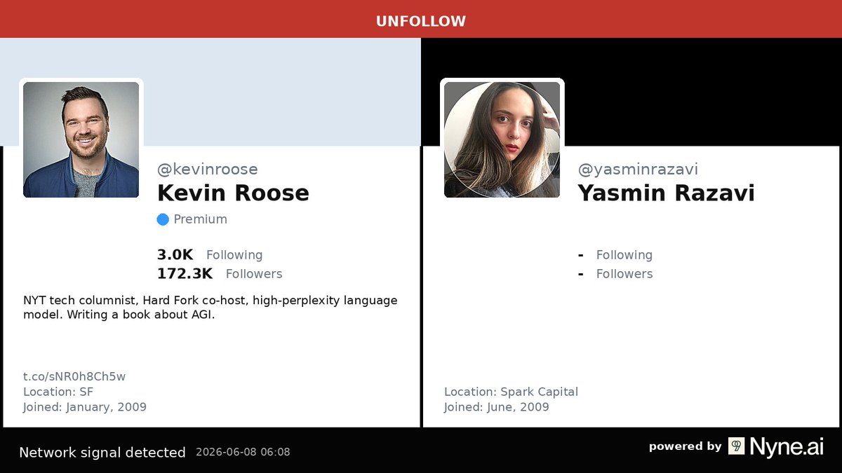 AIFollowGraph's tweet photo. UNFOLLOW @kevinroose is no longer following @yasminrazavi

Pure hypothesis, not confirmed: Kevin Roose may have unfollowed Yasmin Razavi due to differing views on AI ethics

Comment AI leaders below that we should add to our monitor queue. https://t.co/dTYZz9zxOs