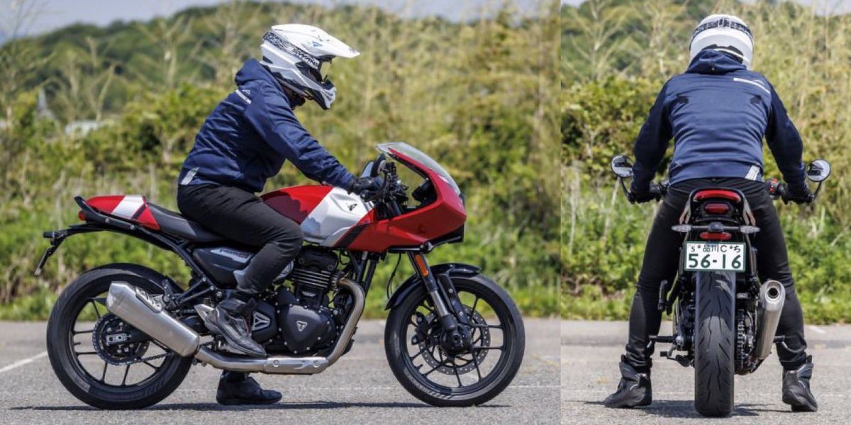 PutiMotor's tweet photo. トライアンフ「スラクストン400」試乗

単気筒らしい歯切れの良いパルス感を伴って力強く加速。

ライドバイワイヤで、シームレスなレスポンス。

足回りもしっかりと路面を追従。

身長170cm

【車重/シート高/タンク/出力/価格】
176kg/795mm/13L/42ps/849,900円

https://t.co/qtkgpemvgr https://t.co/sgVfLwZrrQ