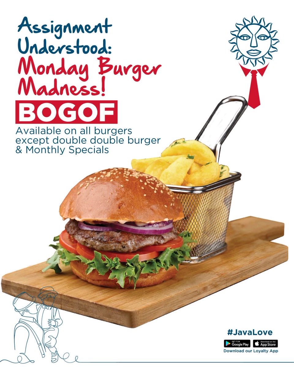 javahouseafrica's tweet photo. The only way to welcome this Monday is with a little madness!​ This June, enjoy our Burger BOGOF on all our Burgers except
the dbl dbl burger &amp; the Monthly Special. You can also order on Glovo &amp; UberEATS. #BurgerBOGOF​​
#JavaLove https://t.co/0m3SCQSnRp