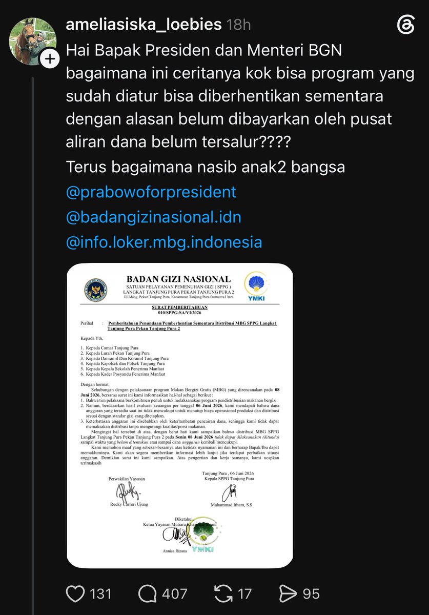 hanifproduktif's tweet photo. Nasib anak2 bangsa baik baik aja mba Amel. Ga ada bedanya kok sama sebelum ada program MBG.

Kalo nasib dapur anda ya bukan urusan kami 🤣

Yang namanya bisnis ya pasti ada resikonya. Lagian dari awal udah banyak pakar yang prediksi programnya akan gagal kok ga didengerin. https://t.co/ZLeGyoOKKM