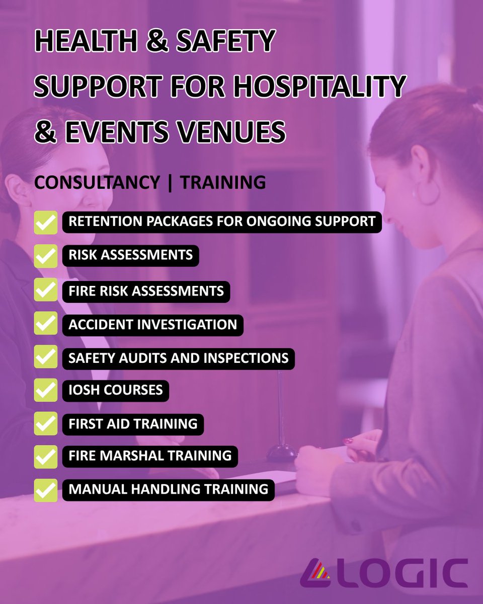 LogicSHE's tweet photo. Health &amp; safety support for hospitality &amp; event venues 🎪

✔️ Risk Assessments
✔️ Staff Training
✔️ Fire Safety
✔️ Retained H&amp;S Support

https://t.co/l8Xp1sgKj3

#Hospitality #EventSafety https://t.co/pGlIrCinX1