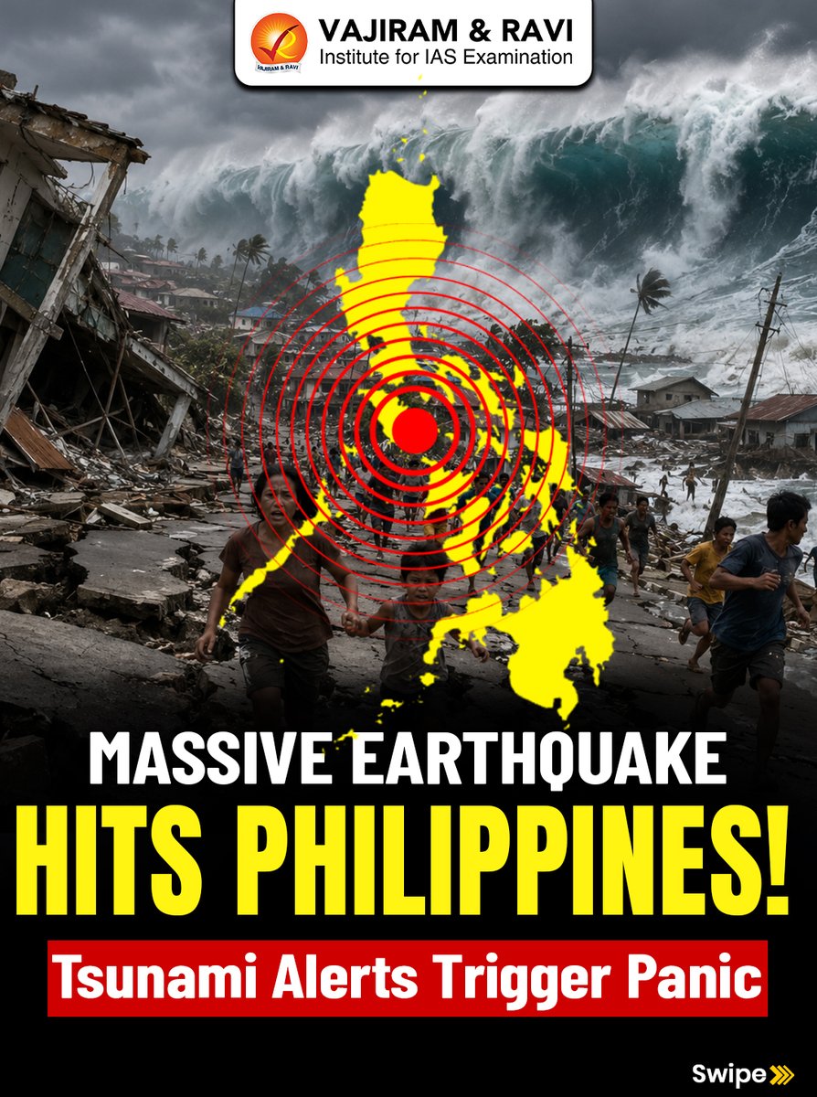 VajiramRavi's tweet photo. A powerful 7.8-magnitude earthquake struck off the coast of Mindanao, Philippines, triggering tsunami warnings, strong tremors, and emergency evacuations across coastal areas
#PhilippinesEarthquake #Earthquake #Tsunami #PacificRing #PlateTectonics #Geography #NaturalDisasters https://t.co/fjyxDzPezy