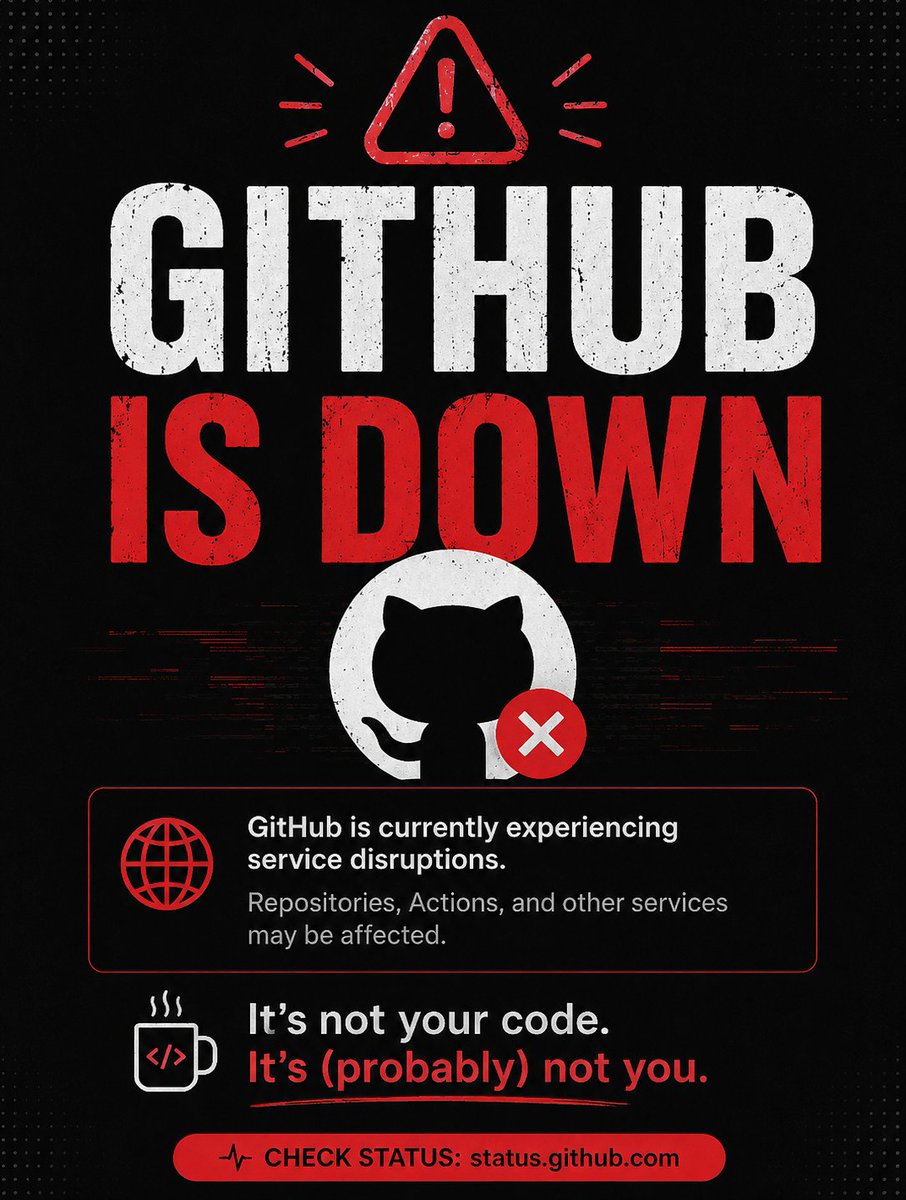 sydgotnerfed's tweet photo. ⚠️ GitHub appears to be experiencing intermittent issues for some users.
Not everyone is affected.
If GitHub isn't working for you right now, you're not alone. 👨💻💥
#GitHub #GitHubDown #Developers #DevOps https://t.co/bSw83uyHZH
