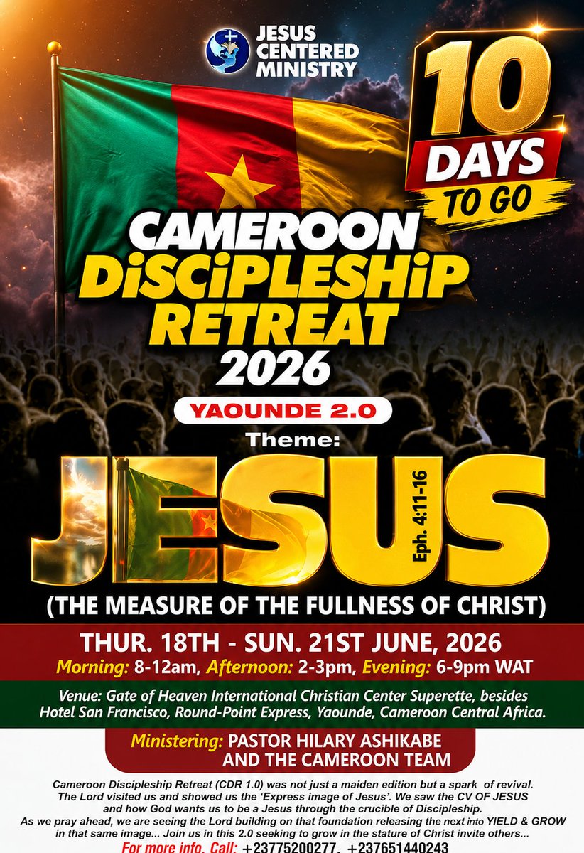 FuntehJ's tweet photo. 🚨 **TEN DAYS LEFT!** 

Ten days remain before Cameroon Discipleship Retreat 2.0 begins. 

Get your heart ready. 

Get your spirit ready. 

Get ready for transformation. 

#10DaysToGo #CDR2026 #Transformation https://t.co/BU4CswITWj