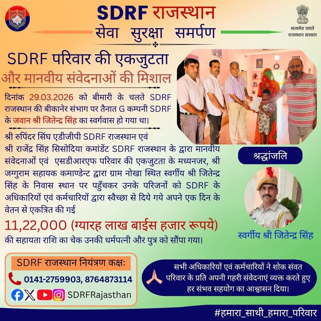 Dharmraj06351's tweet photo. **"कर्तव्य के साथ-साथ मानवीय मूल्यों का निर्वहन ही SDRF राजस्थान की शक्ति है।"**
दुःख की घड़ी में साथ निभाना ही एक सच्चे परिवार की पहचान है।
#हमारा_साथी_हमारा_परिवार
#sdrfrajasthan #rajasthansdrf #RajasthanPolice #sdrffamily #सेवा_सुरक्षा_समर्पण #humanity  #bikaner 
शत शत नमन 💐 https://t.co/lBOTyIlD9a