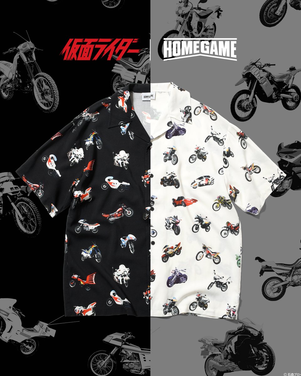 Homegame_tokyo's tweet photo. 「仮面ライダーシリーズ | HOMEGAME」受注開始🔥 

昭和・平成のバイク総柄シャツが登場！👀 
さらに好評につき歴代40作品のライダーTEEも第2回受注が決定📣 

受注期間：6/5(金)20時〜6/28(日)23:59