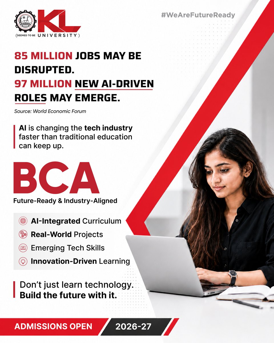 kluniversity's tweet photo. 🤖 85 million jobs may be disrupted, but 97 million new AI-driven roles are emerging.Prepare for the future with BCA @ KLU —gain AI-integrated, industry-ready skills for tomorrow’s tech careers.

🎓 Admissions Open 2026–27
🔗 https://t.co/m05NrlM7wp

#BCA #AIReadyCareers #KLU https://t.co/L3LB5ZwsXL