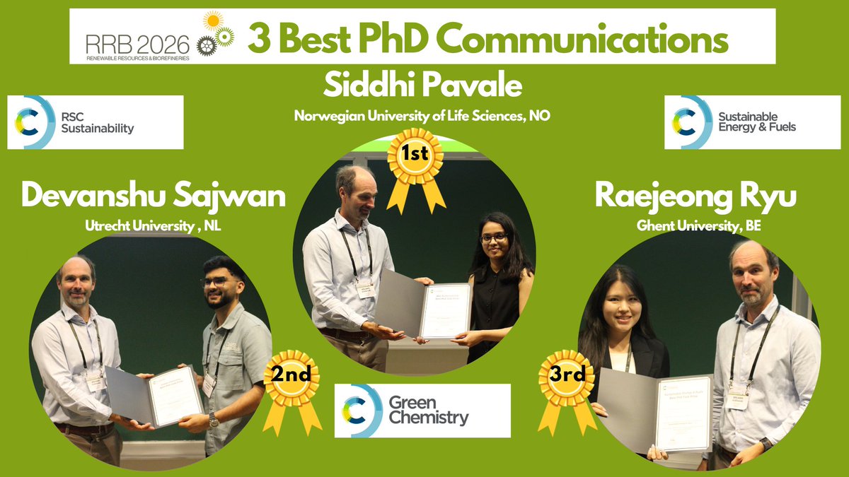 RRB_Conference's tweet photo. #RRB2026 Congratulations to the winners of the 3 Best PhD Communications! @SiddhiPavale @devanshu_sajwan &amp; Raejeong Ryu 
Thank you @green_rsc for sponsoring these prizes!
@Chemenghealth @CStevens_UGent @FbwUGent @SynBioC @LiseAppels https://t.co/yvxaGaDn4Y