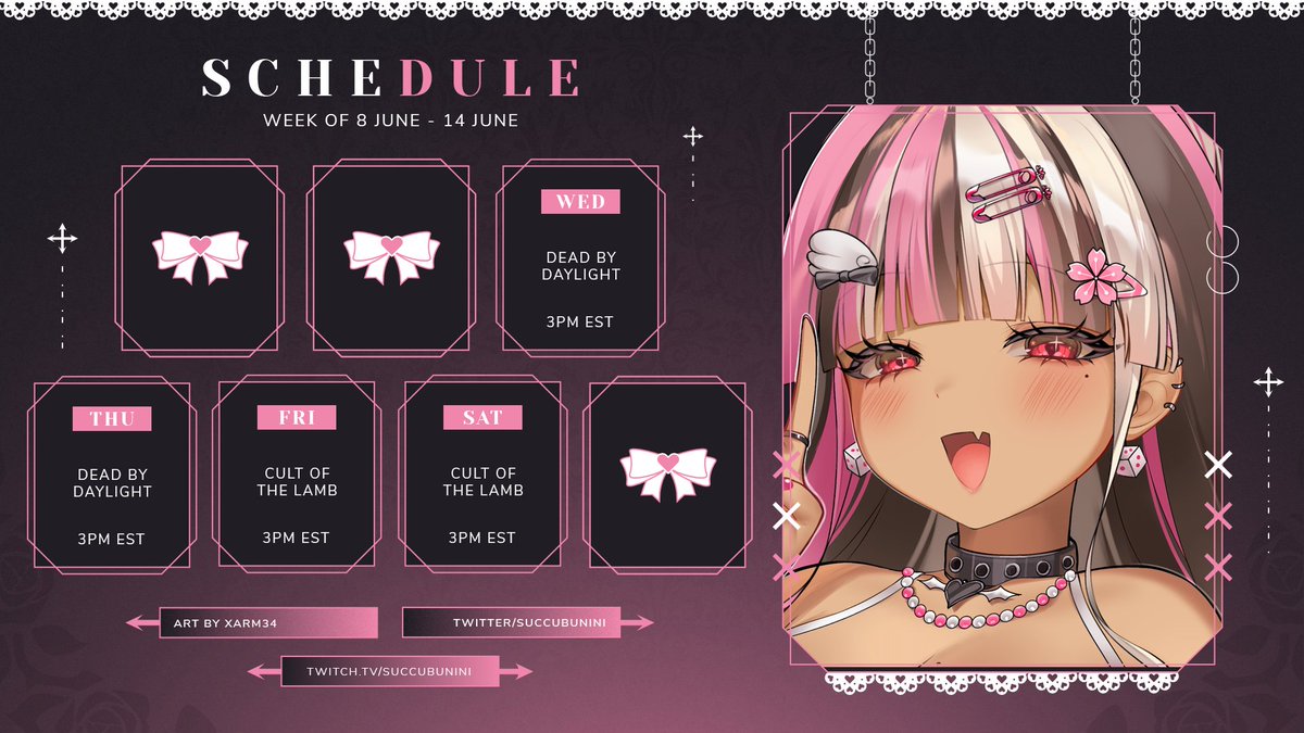 succubunini's tweet photo. schedule for this week ☆〜（ゝ。∂） https://t.co/q2ZgrQL63d