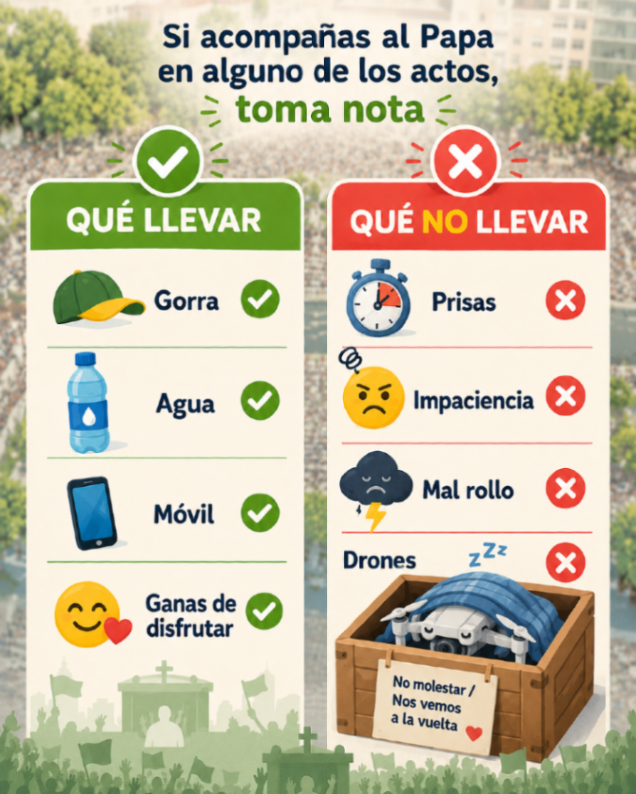 interiorgob's tweet photo. ¿Vas a acompañar estos días a León XIV? 🕊️

🛡️ Un tip clave: por seguridad, en actos multitudinarios el espacio aéreo debe estar despejado.

Así que recuerda: si vas a ver al Papa, ¡deja el dron en el cajón! 🔐

¡Disfruta de la visita con los pies en la tierra! 👣 https://t.co/bvqxa5QNxd