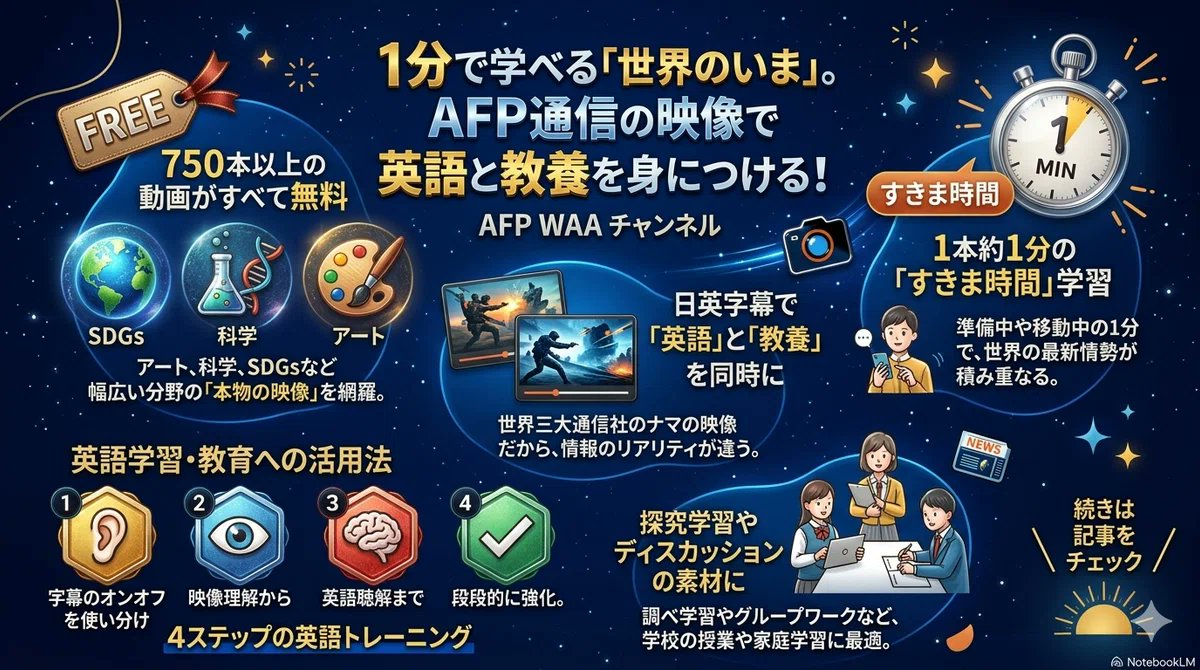 AsukaAcademy's tweet photo. たった1分で、世界が見える。  
AFP通信（世界三大通信社）のニュース映像が、 
日本語字幕つきで750本以上、全部無料。  
英語を学びながら、世界を知る。 
Asuka Academy のWEBサイトで、そんな学び方、はじめませんか？  
▼くわしくはnoteで
https://t.co/hBPgLukG9I
#無料 #英語学習 https://t.co/PUF3uWIyCu