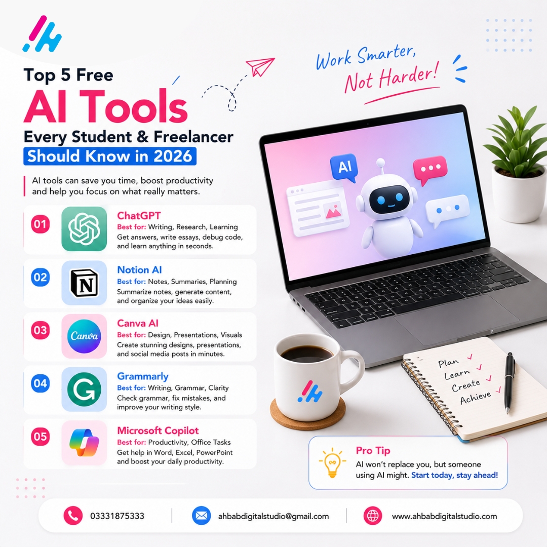 ahbabstudio's tweet photo. Top 5 Free AI Tools for Students &amp; Freelancers 🚀

✅ ChatGPT
✅ Canva AI
✅ Grammarly
✅ Notion AI
✅ Microsoft Copilot

Learn Faster. Work Smarter. Earn More. ✨

#AITools #Students #Freelancers #Productivity #AI2026 🚀 https://t.co/XRTC8Lrzfh