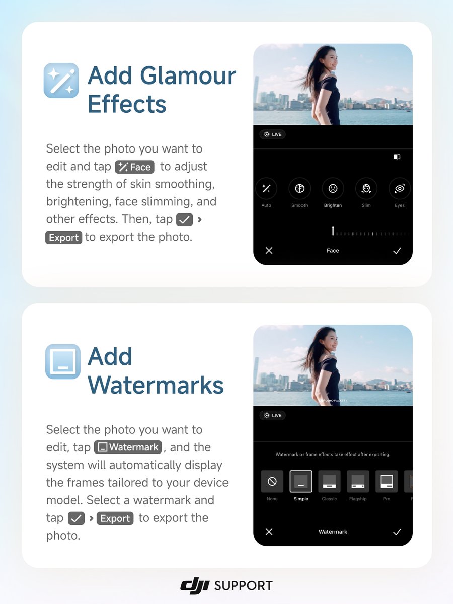DJISupport's tweet photo. Level Up Your DJI Handheld Photos❗
DJI Mimo now supports photo editing! Shoot with your DJI handheld device, edit in DJI Mimo, and skip switching apps. https://t.co/pgYRChcmeX