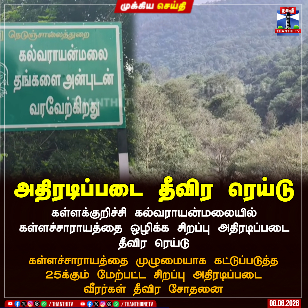 ThanthiTV's tweet photo. அதிரடிப்படை தீவிர ரெய்டு

கள்ளக்குறிச்சி கல்வராயன்மலையில் கள்ளச்சாராயத்தை ஒழிக்க சிறப்பு அதிரடிப்படை தீவிர ரெய்டு

கள்ளச்சாராயத்தை முழுமையாக கட்டுப்படுத்த 25க்கும் மேற்பட்ட சிறப்பு அதிரடிப்படை வீரர்கள் தீவிர சோதனை

#kalvarayanhills #raid #kallakurichi #thanthitv https://t.co/RuKDlgRHUm