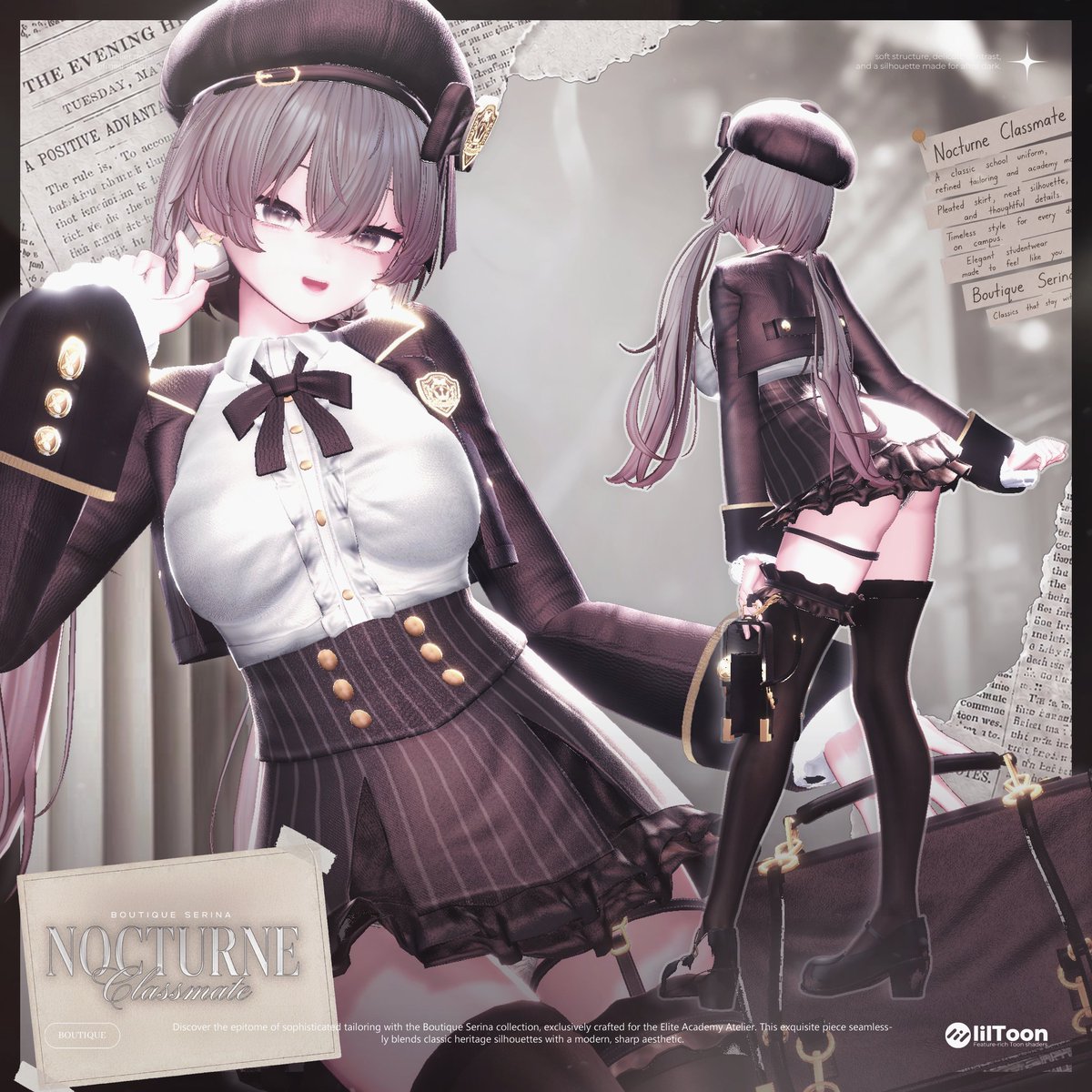 BOUTIQUE_SERINA's tweet photo. 🤎 新作衣装「Nocturne Classmate」🏫

クラシカルな制服シルエットに、
落ち着いた色合いとゴールドのアクセントを取り入れた一着です。

ベレー帽やスクールバッグを合わせれば、
まるで夜の学院に通う生徒のようなスタイルに。

🎁 RTイベントは 6月9日(火) まで開催中！
固定ポストをRT＋フォローで、FULL PACKが当たるチャンスです✨

「Nocturne Classmate」は、
“上品だけど少しミステリアス”な雰囲気を楽しめます🤎

気になっている方は、RTイベントとSALE開催中のこの機会に
ぜひBOOTHでチェックしてみてください！

🔗 https://t.co/vAib44Su7f

#booth_pm #VRChat #VRChat衣装 #boutiqueserina