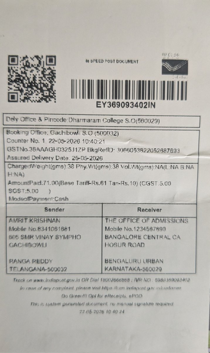 krish70's tweet photo. @podivdop My son paid Rs. 71 for a speedpost on 22-May at GPRA PO Hyd which didn't go thru - so he paid cash. But the refund is yet to come after 2 weeks. On top of this he was asked to file a paper application - is this truly digital India? https://t.co/eI98EC7ycj