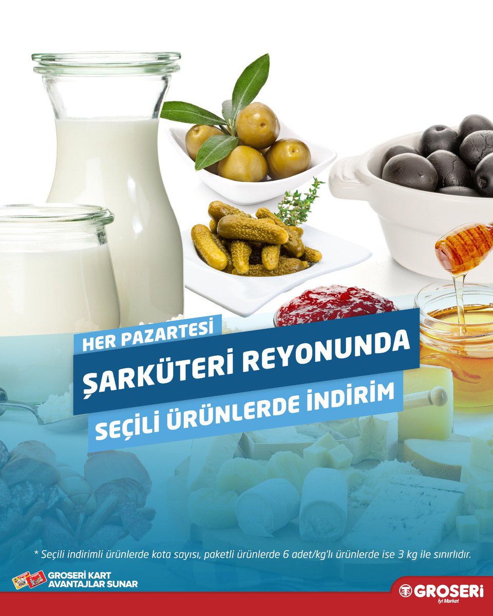 groseri's tweet photo. Taze peynirler, nefis sucuklar, zeytin ve salam çeşitleri…
Şarküteri reyonunda her Pazartesi kaçırılmayacak fiyatlar seni bekliyor.

Haftaya güçlü başla, sepeti doldur. 🛒

Detaylar:
https://t.co/HdgH5CPer3 https://t.co/xtZ4OmBJU7
