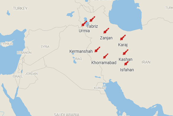 Osinttechnical's tweet photo. Iranian forces have fired a number of medium-range ballistic missiles at Israel today, conducting coordinated launches from at least 8 different locations so far. https://t.co/aIGYV8pj22