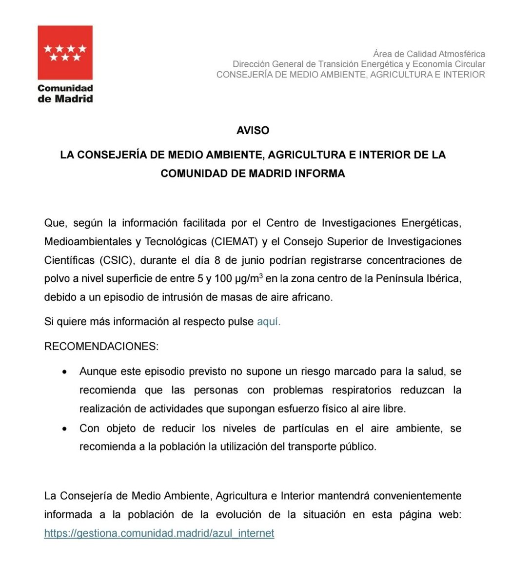 PCivilTorre's tweet photo. ⚠️ATENCIÓN⚠️

Aviso de intrusión de masa de AIRE AFRICANO el 8 de junio, con concentraciones de polvo en suspensión de entre 5-100 µg/m3.

Se recomienda que las personas con problemas respiratorios reduzcan la realización de actividades que supongan esfuerzo físico al aire libre. https://t.co/ZGHNT1sF02