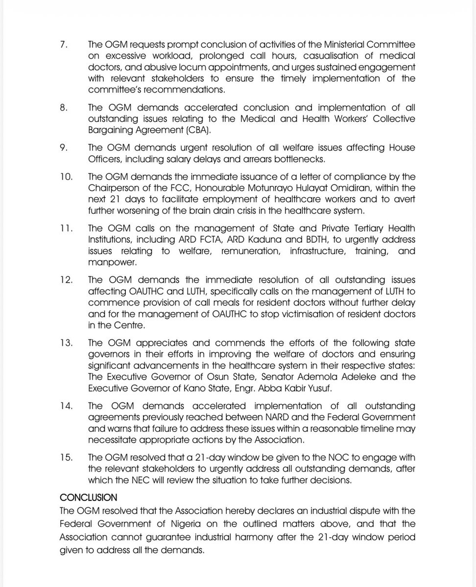 mohagirei's tweet photo. CONCLUSION:

“The OGM resolved that the Association hereby declares an industrial dispute with the Federal Government of Nigeria on the outlined matters above, and that the Association cannot guarantee industrial harmony after the 21-day window period given to address all the demands.”

@channelstv @ARISEtv @tvcnewsng @NTANewsNow @daily_trust @MobilePunch @LeadershipNGA @vanguardngrnews @nationalnma @mdcan_ng @nard_nigeria @PremiumTimesng