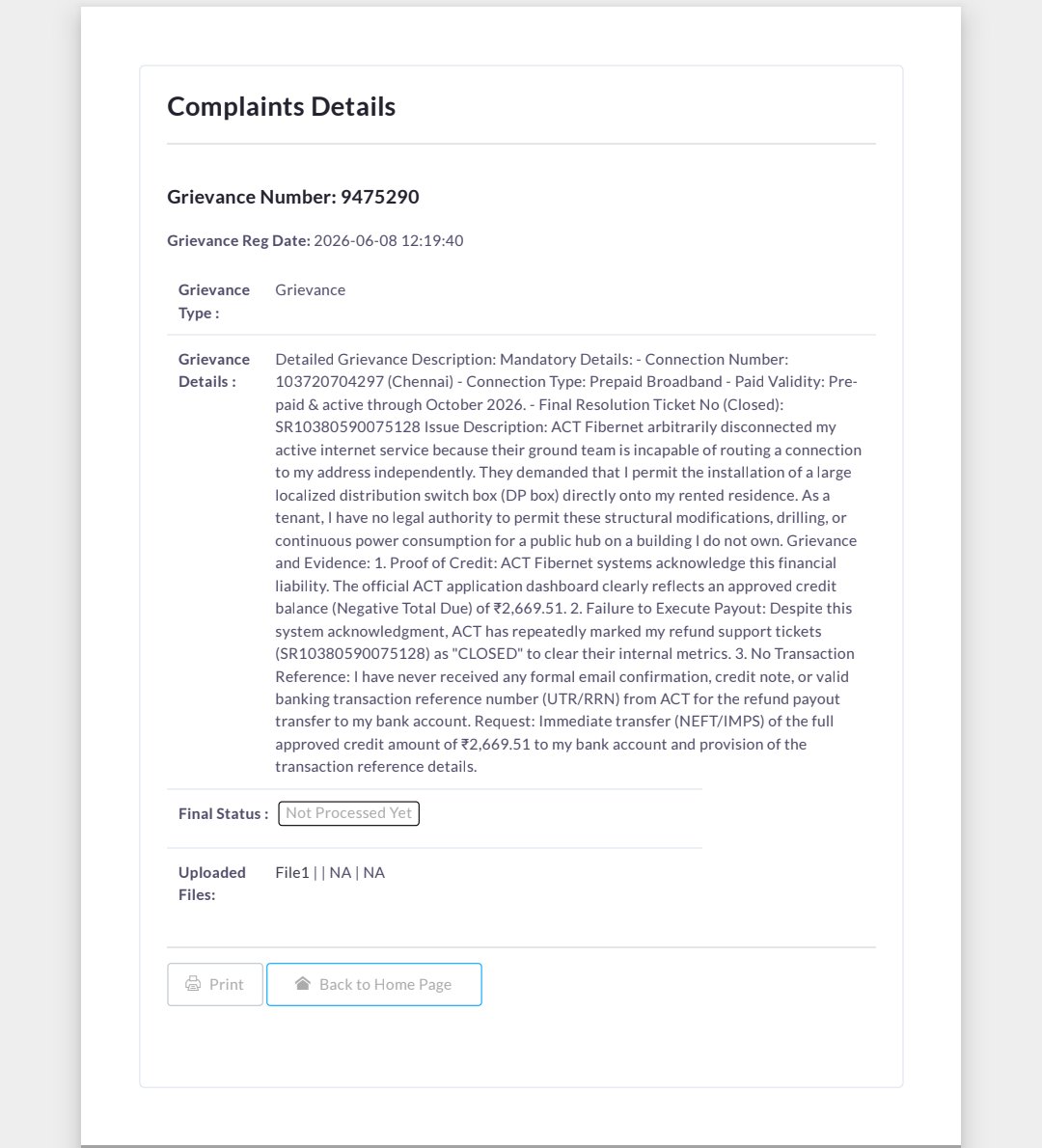DIWAHARPANDIAN's tweet photo. Update: Since @ACTFibernet keeps faking ticket closures without paying my ₹2,669.51 refund, I've officially filed a formal dispute with the National Consumer Helpline! 
Grievance Number: 9475290
Let the Ministry of Consumer Affairs handle your metrics now. @ConsumerCourtIn https://t.co/pmYJoc3eoW
