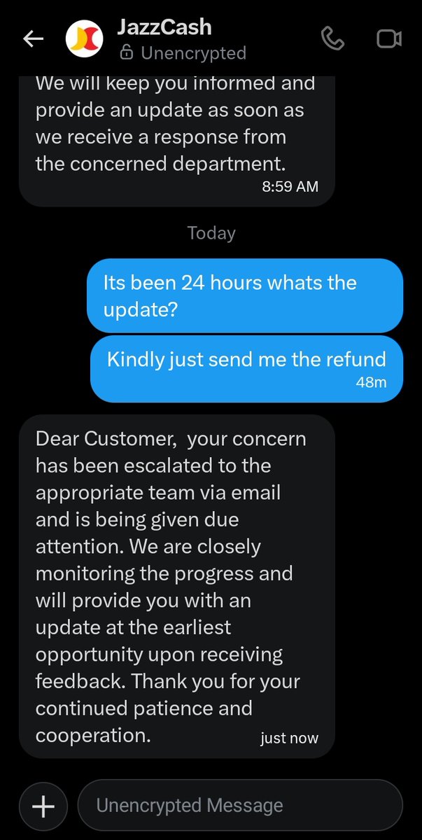 abraqahmed's tweet photo. Thread 🧵 

1/2

Day 5.

At this point, I don't even want the package anymore.@JazzCash Just refund my Rs. 2,700 already.

I've been patient, followed up repeatedly, and all I've received are the same generic "your concern has been escalated" messages with no actual resolution. https://t.co/WNH40brQSz