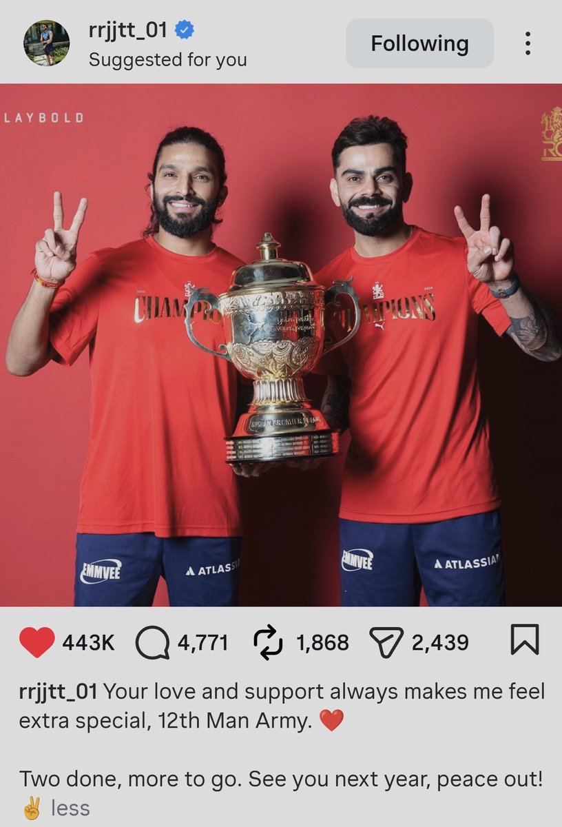 ImTanujSingh's tweet photo. RAJAT PATIDAR INSTAGRAM POST WITH VIRAT KOHLI. ❤️🏆

- He wrote in Caption "Two done, more to go, see you next year". https://t.co/D11XGAEZ5a