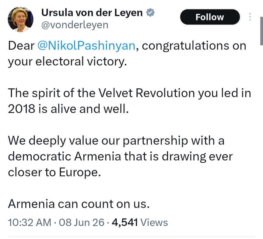 HovhanNaz's tweet photo. EU's von der Leyen congratulates Pashinyan

"Armenia can count on us." https://t.co/lxxGZGumdp