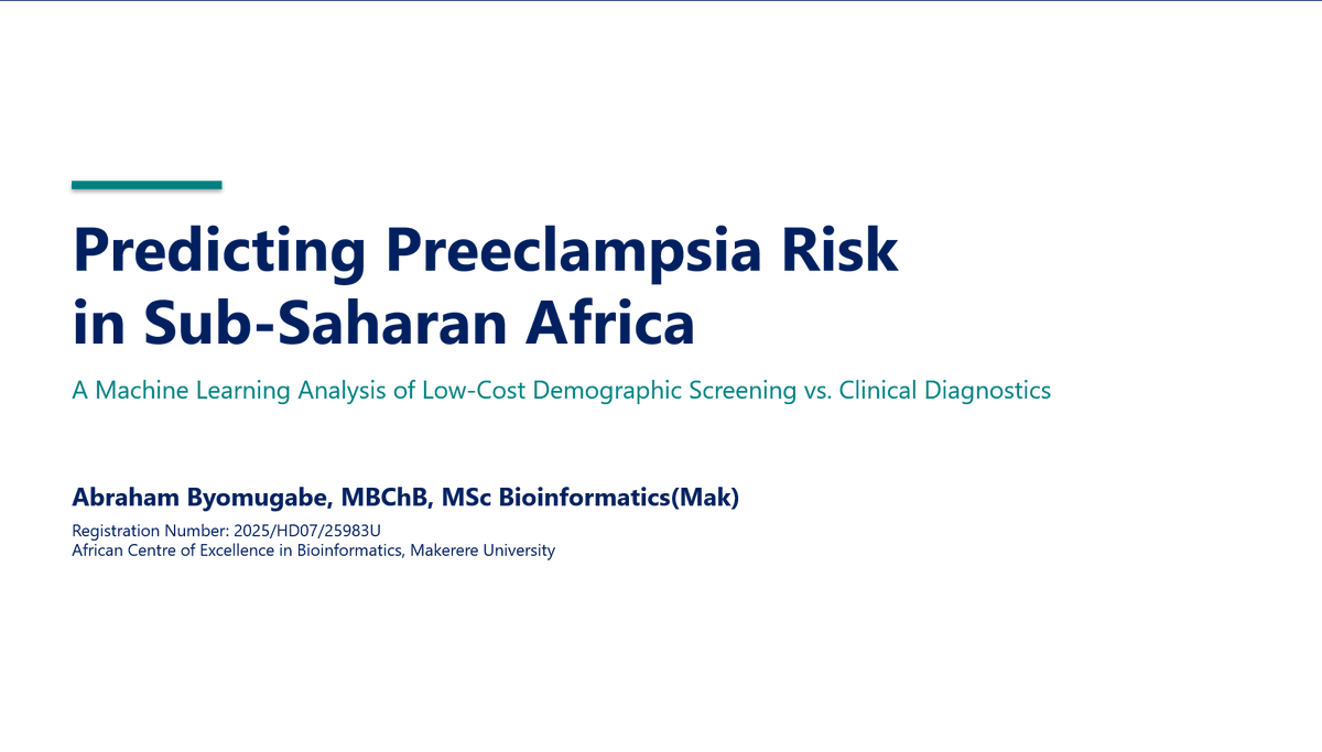 ByomugabeMD's tweet photo. Wrapped up my end-of-semester Machine learning project, official final-year MSc #Bioinformatics candidate at @Makerere  🎓🏥

As an MD, I merged clinical data with ML to tackle #Preeclampsia risk prediction in Sub-Saharan Africa. 🌍🧵 https://t.co/tWpHKliwsl