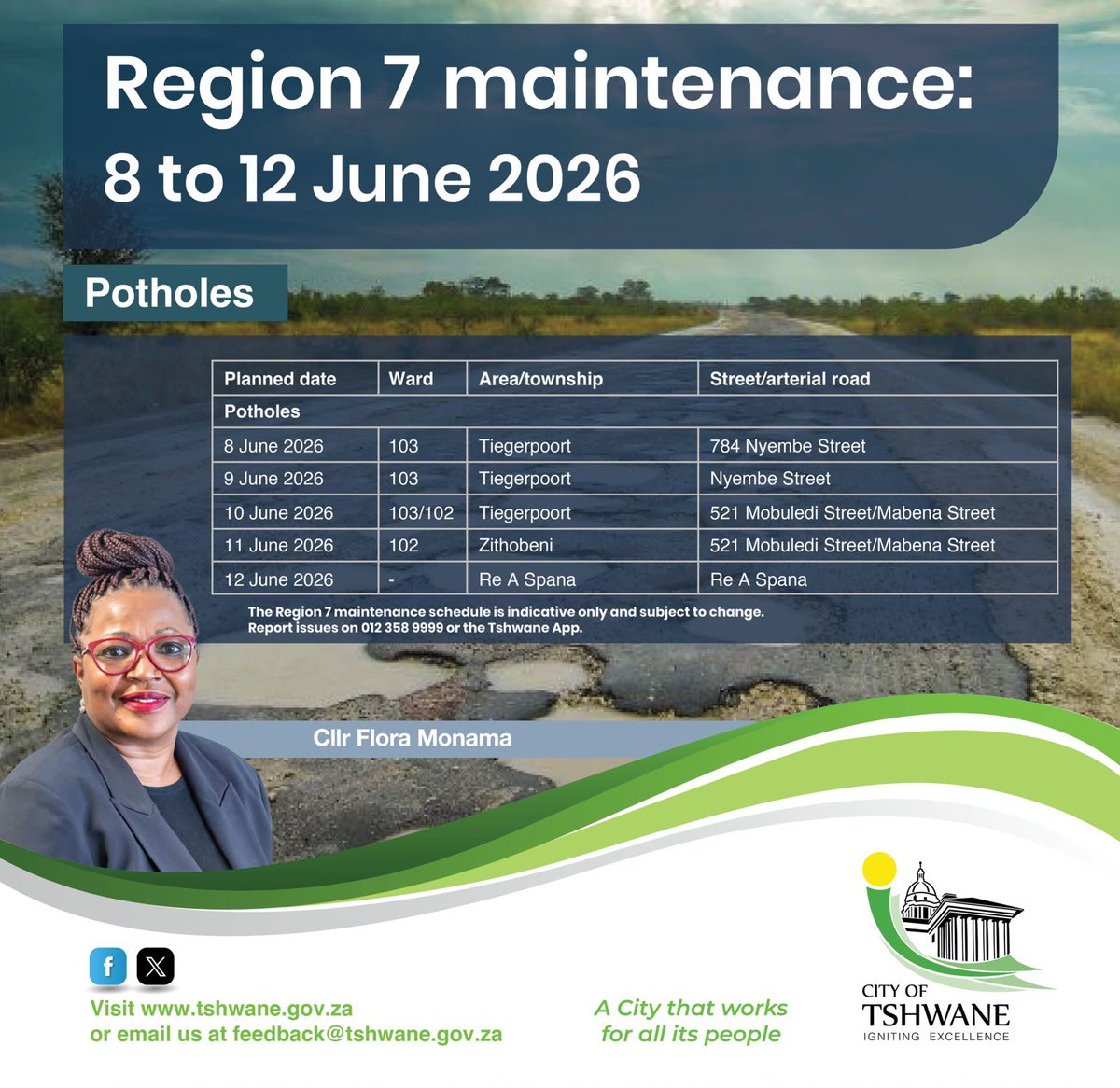 Flora_Monama01's tweet photo. Happy Monday residents of Tshwane. Here is your weekly Region 7 service delivery schedule to keep you in the loop.

@CityTshwane https://t.co/qg5ZYy5vz1