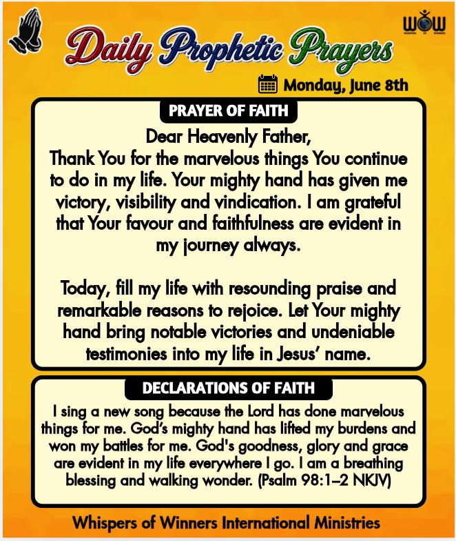 WinnersWhispers's tweet photo. Say this prayer:

Dear Heavenly Father,
Thank You for the marvelous things You continue to do in my life. Your mighty hand has given me victory, visibility and vindication. I am grateful that Your favour and faithfulness are evident in my journey always.

Today, fill my life with resounding praise and remarkable reasons to rejoice. Let Your mighty hand bring notable victories and undeniable testimonies into my life in Jesus’ name.

Declare this:

I sing a new song because the Lord has done marvelous things for me. God’s mighty hand has lifted my burdens and won my battles for me. God's goodness, glory and grace are evident in my life everywhere I go. I am a breathing blessing and walking wonder. (Psalm 98:1–2 NKJV)

Whispers of Winners International Ministries