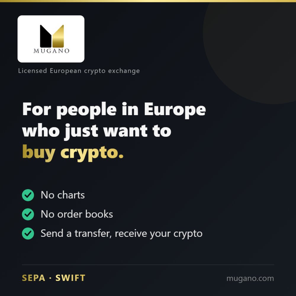 MuganoC's tweet photo. Mugano is built for people in Europe who just want to buy crypto.
No charts. No order books.
Send a bank transfer, receive your crypto. Made for buy and hold.
#crypto #bitcoin #cryptoexchange #tether #cryptocurrency #mugano https://t.co/9ZS0h1aihp