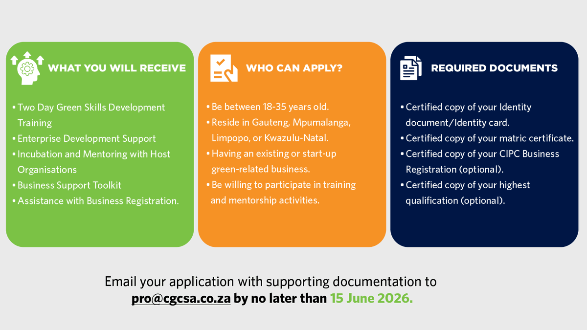 CGCSA1's tweet photo. This is your opportunity to apply for the 𝗚𝗿𝗲𝗲𝗻 𝗦𝗸𝗶𝗹𝗹𝘀 𝗗𝗲𝘃𝗲𝗹𝗼𝗽𝗺𝗲𝗻𝘁 𝗣𝗿𝗼𝗴𝗿𝗮𝗺𝗺𝗲 𝟮𝟬𝟮𝟲 in partnership with @WRSETA 

🗓️ 𝗖𝗹𝗼𝘀𝗶𝗻𝗴 𝗱𝗮𝘁𝗲: 15 June 2026

#CGCSA #GreenSkillsDevelopmentProgramme2026 https://t.co/c2dMeX3aV2