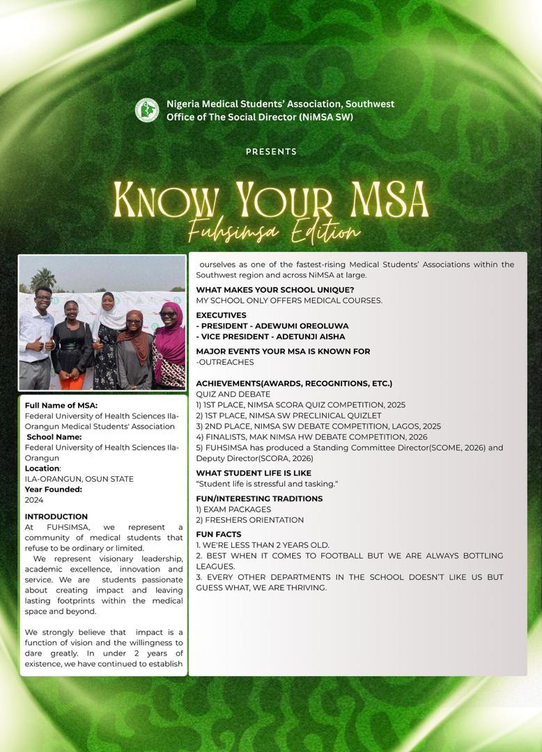 fuhsimsa's tweet photo. From the Office of the Social Director, NiMSA Southwest✨  

🎉KNOW YOUR MSA — FUHSIMSA EDITION🔥  

Next on the spotlight is the Federal University of Health Sciences, Ila-Orangun Medical Students’ Association💚 https://t.co/MwFSVIxfAh