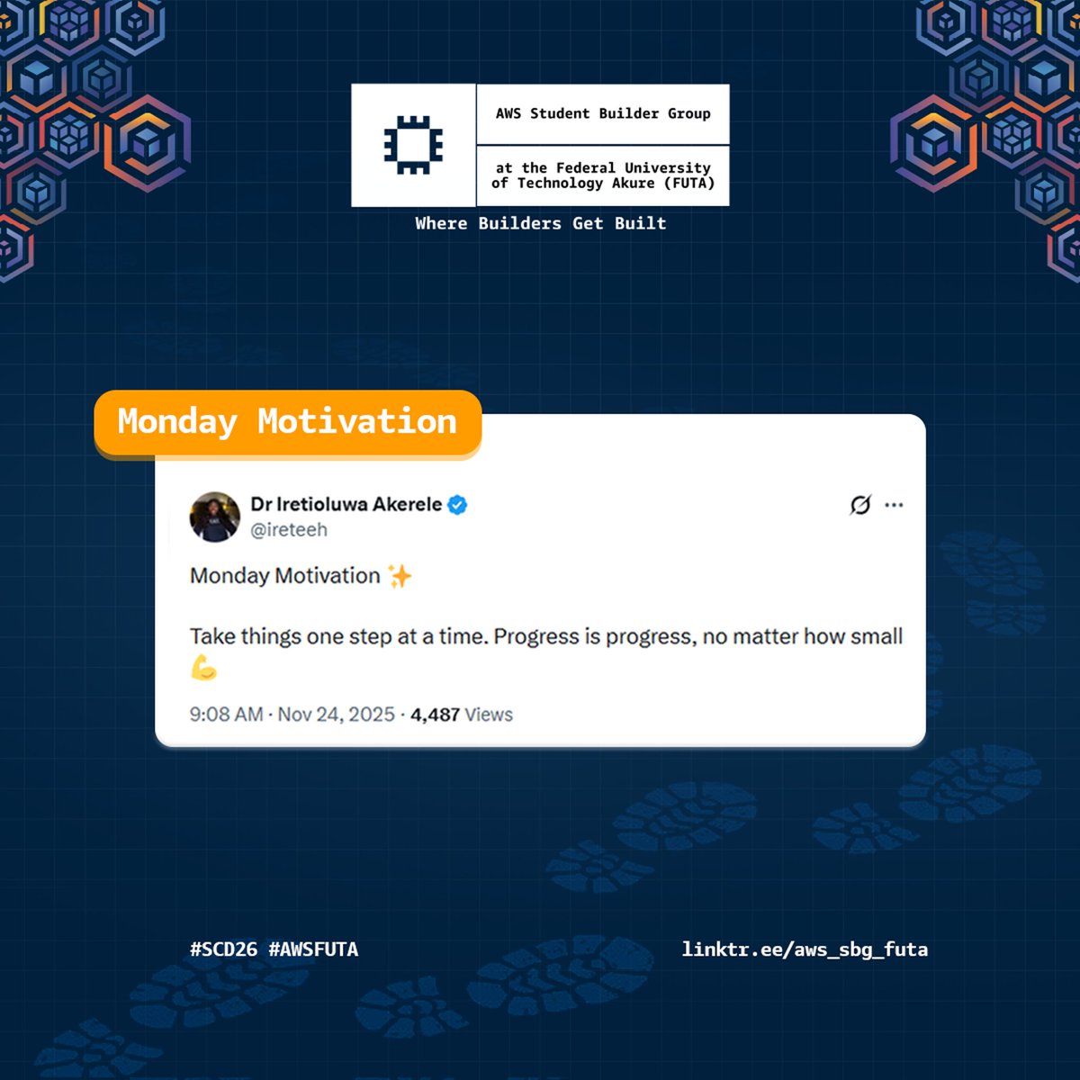 AWSFUTA's tweet photo. Happy new week, Builders

Everyone you look up to in tech started somewhere

It was one tutorial, one project and one opportunity at a time.

And as our Leader @ireteeh noted, progress is progress no matter how small

So keep showing up
We are rooting for you! 💚
#SCD26 #AWSFUTA https://t.co/7AirDyuuXw