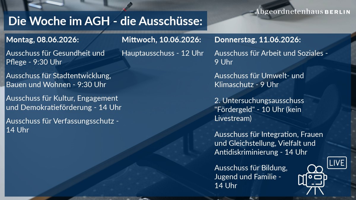 AGH_Berlin's tweet photo. Sie möchten wissen, welche Ausschüsse in dieser Woche tagen? Dann finden Sie hier eine Übersicht mit den Terminen.
Zu den Einladungen und Themen ➡️ https://t.co/hx4brA9zHB
Zu den Livestreams ➡️ https://t.co/ryofz3fFTa https://t.co/ttHcpX3YeZ