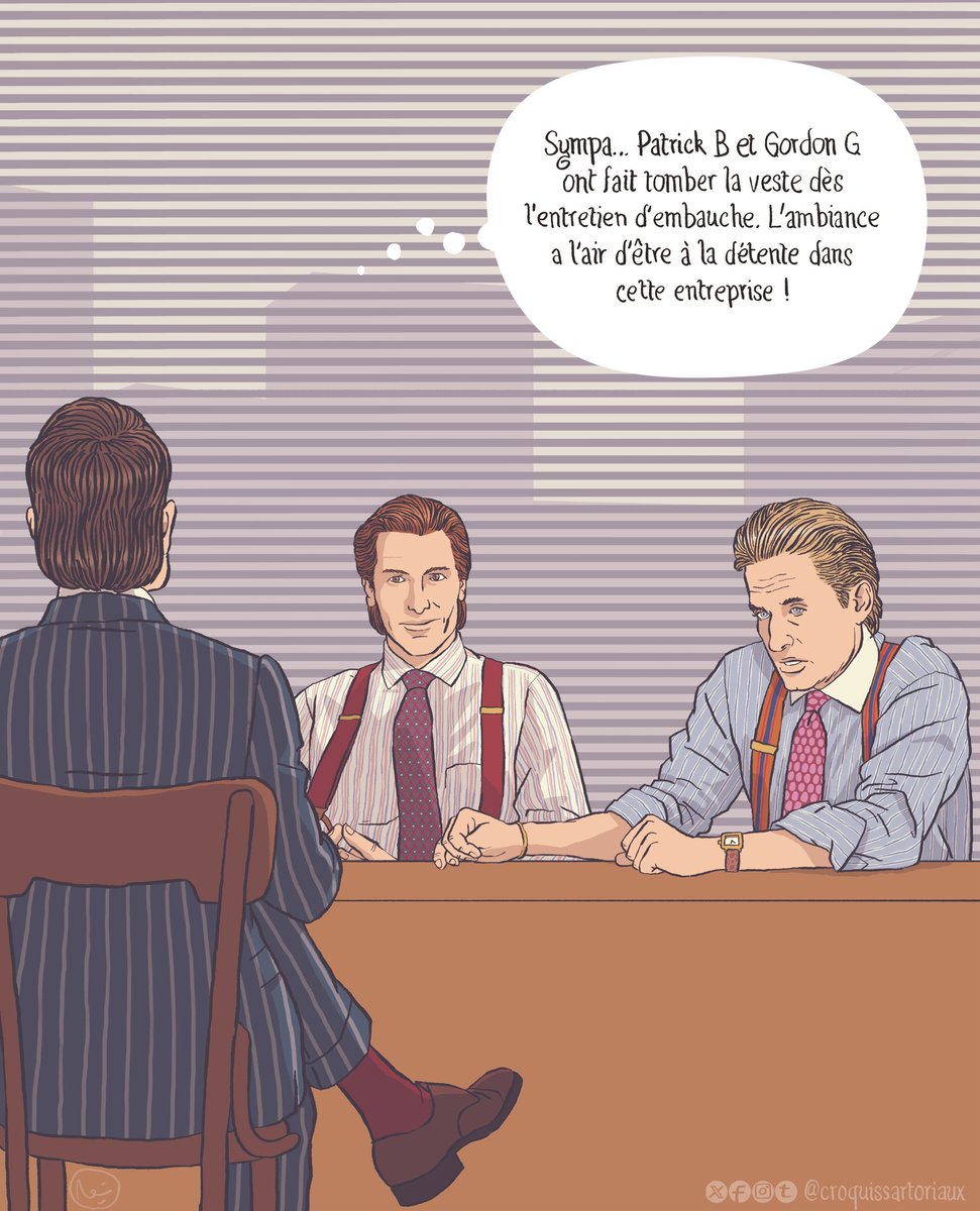 CSartoriaux's tweet photo. Nice... Patrick B and Gordon G have dropped the jacket for the job interview. The atmosphere seems to be pretty relaxed at this company!
#croquissartoriaux #yuppies #patrickbateman #gordongekko #menswear #eighties #wallstreet #americanpsycho #christianbale #michaeldouglas https://t.co/R1sBDlOoVF