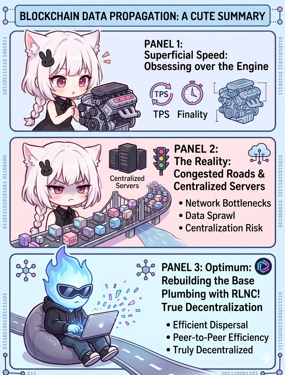 OSamgob's tweet photo. While everyone is obsessing over "supercar engines," some people are rebuilding the "highways."

Looking at the crypto scene lately, everyone seems fixated on "inner-network" mechanics like consensus algorithms, execution speeds, and Data Availability (DA). But there's a real bottleneck we are constantly overlooking: the physical time it takes for data to fly across the globe.

Take Solana, for example. Its speed is truly phenomenal. A single slot is a mere 400ms. But this incredible speed actually trips it up. Just the "propagation" process—where a leader produces a block and broadcasts it to the network—eats up over 100ms of that tight window.

As a result, delays happen. Nodes start receiving blocks late, and some miss them entirely. So, what do validators do to shave off even 0.1 seconds of delay? They end up flocking to the exact same data centers, getting as physically close to the leader as possible. Paradoxically, a system built for decentralization regresses into a perfectly centralized server room just to keep up with its own speed.

No matter how powerful the engine (the blockchain) is, it is useless if the roads the information travels on (communication infrastructure) are congested.

This is exactly why I've been keeping a close eye on @get_optimum lately. Instead of launching yet another shiny new chain, they are completely overhauling the base plumbing that every network shares: data propagation itself.

Their approach is incredibly smart. They aren't just clumsily tossing around heavy, full-block copies like before. By leveraging RLNC (Random Linear Network Coding) technology, they propagate coded fragments of data. This means nodes can gather useful data much faster, regardless of where they are physically located on Earth. Without the need to cluster in specific, expensive data centers, true decentralization becomes possible again.

The greatest infrastructure is often invisible. Users probably won't even realize this tech is running under the hood. They'll just notice the result: "Wow, the network is so much faster and more stable."
When everyone is distracted by flashy features and top-speed competitions, it's this kind of invisible, foundational work that truly pushes the entire ecosystem forward. That is real innovation.
