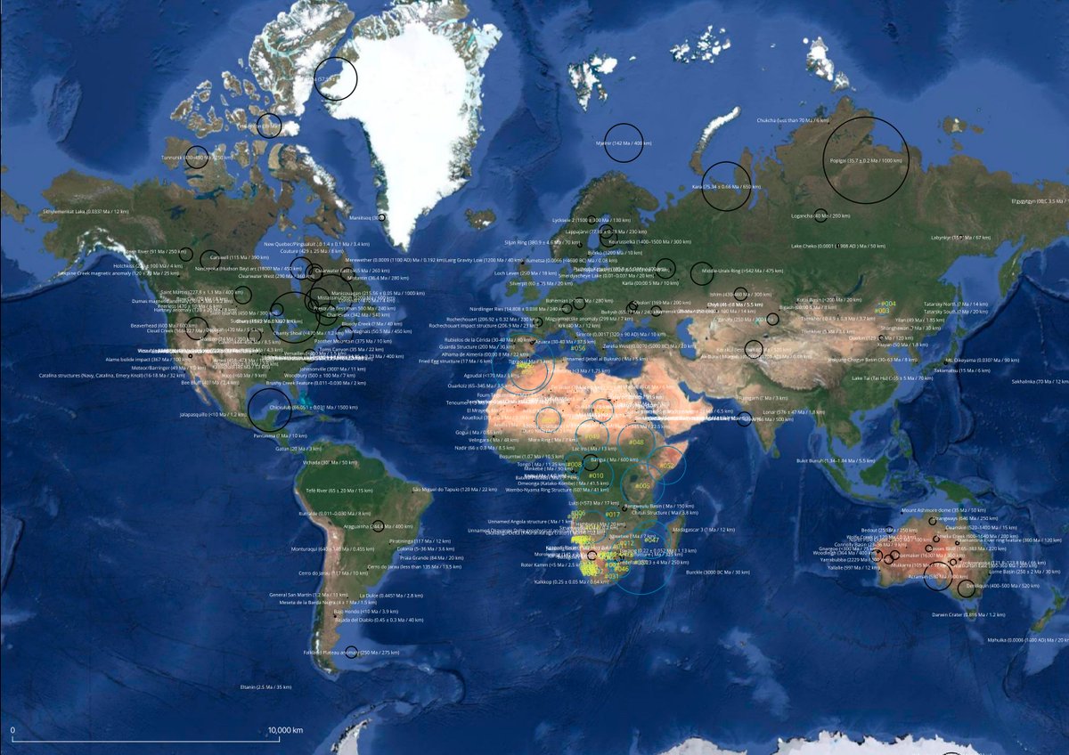 nobulart's tweet photo. In this database there are presently over 250 astroblemes (black rings), and more than 50 (mostly-undocumented) circular geometries (blue rings) that I have eyeballed from topographic and elevation data. Download the latest KMLs here: 
[1] https://t.co/XRFLSG90vS (781 KB)
[2] https://t.co/DkImkvNO2k (211 KB)