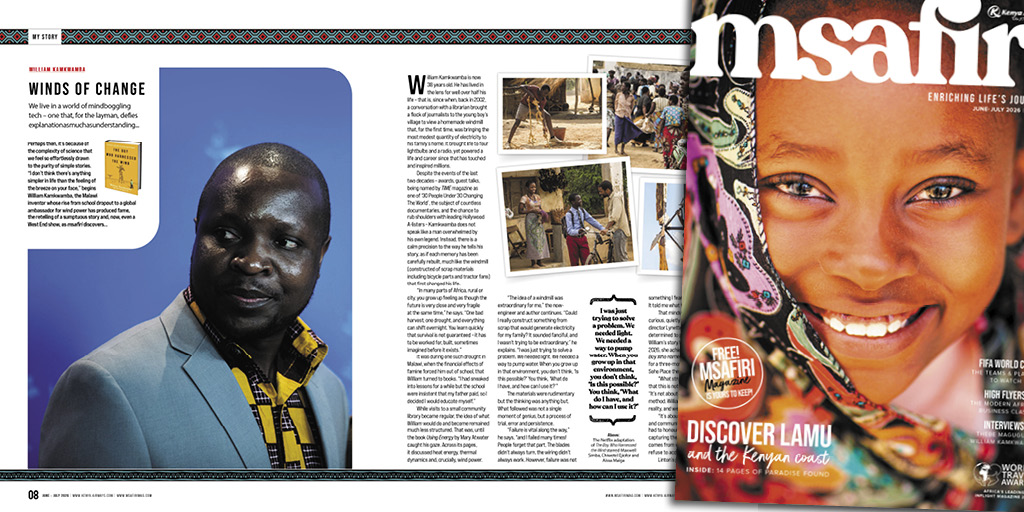 KenyaAirways's tweet photo. “I don’t think there’s anything simpler in life than the feeling of the breeze on your face,” says William Kamkwamba. 

In the new issue of our award-winning msafiri magazine, we meet the Malawi inventor whose rise from school dropout to a global ambassador for wind power has produced fame, the retelling of a sumptuous story and, now, even a West End show. 

Join us at https://t.co/KWgoCOPaX1 and never miss an issue! 
#msafirimagazine #ThePrideOfAfrica