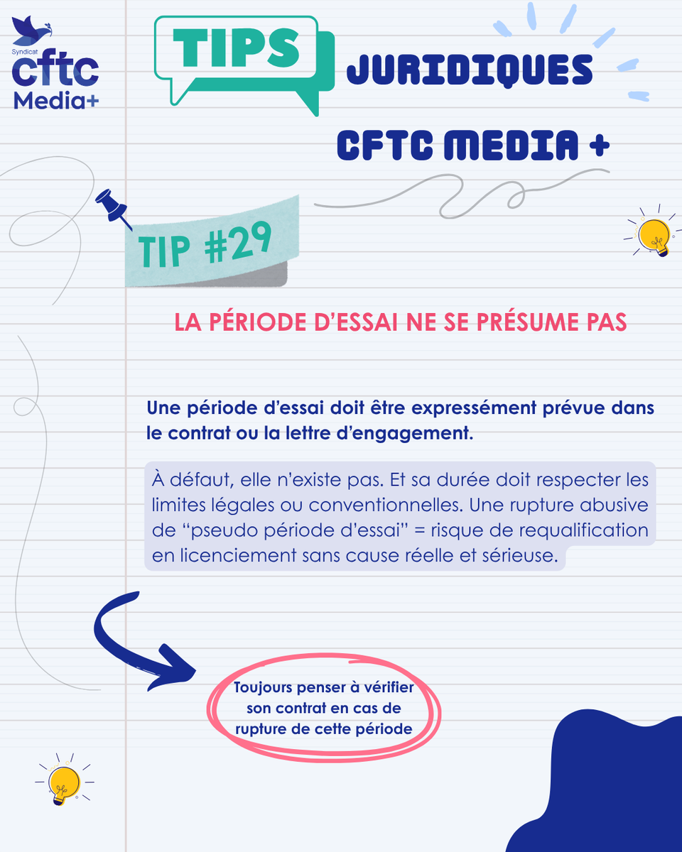 CftcMediaplus's tweet photo. Tip #29

En droit du travail, la période d’essai obéit à des règles strictes : durée, renouvellement, rupture… rien ne s’improvise. Un cadre essentiel pour sécuriser employeur et salarié.

#PeriodeDEssai #DroitDuTravail #RelationsDeTravail #RH https://t.co/b3AtASpBbE