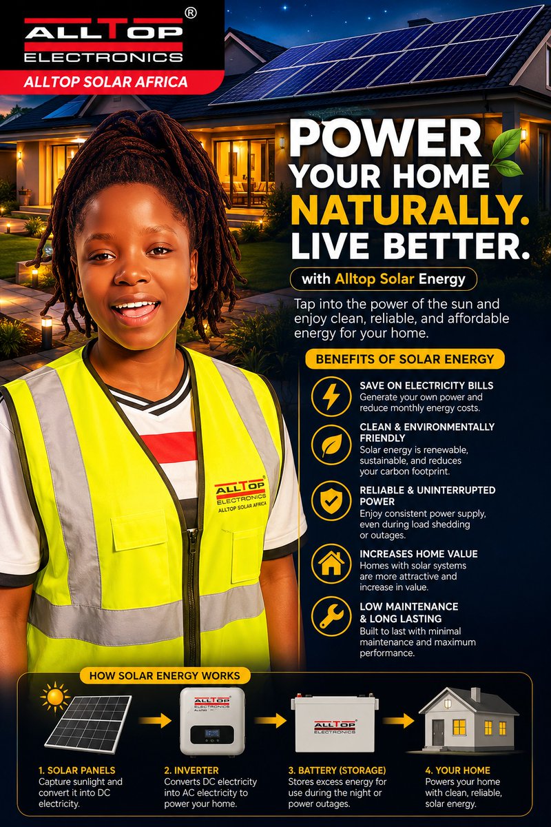 AlltopLTD's tweet photo. 💡 Power your home with the sun. Save money, protect the environment, and enjoy peace of mind.
This week, invest in solutions that keep shining long after the week is over.
#renewableenergy  #SolarEnergy #AlltopSolarAfrica #Solar #CleanEnergy #SmartLiving #LightingTheFuture ☀️🏡 https://t.co/rBYxJcHk4K