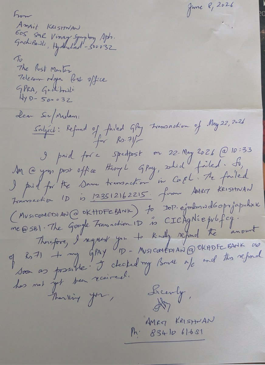krish70's tweet photo. @podivdop Pls see letter below for refund of the amount that failed through Gpay on 22-5-2026 https://t.co/wRU8uUePpR