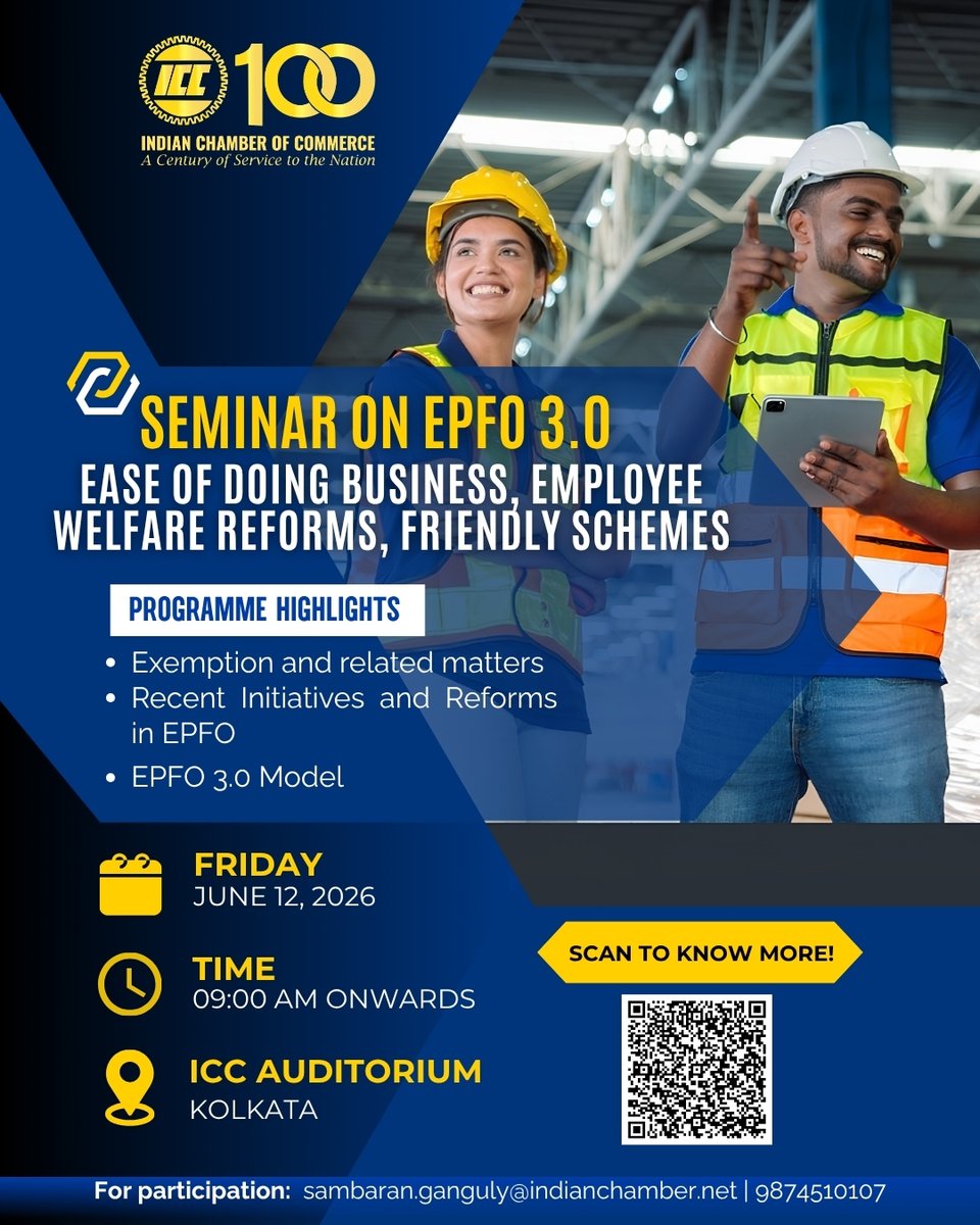 ICC_Chamber's tweet photo. The landscape of India’s workforce is undergoing a significant transformation, and at the forefront of this evolution is EPFO 3.0.     

This pivotal seminar aims to bring together industry leaders and experts to engage in meaningful discussions focused on enhancing business operations while simultaneously reinforcing social security frameworks designed for the future workforce.  

Join us at the ICC Auditorium in Kolkata on June 12, 2026, starting at  AM, for an insightful day filled with innovative ideas and strategies.   

Attendees can expect to explore a range of topics, from advanced compliance systems to reforms prioritising employee welfare, ensuring a smoother and more efficient business environment.  

 Don’t miss the opportunity to be part of this important dialogue.    

 Register now: https://t.co/IhR1TwPXVc 

#EPF #IndianChamberOfCommerce #EaseOfDoingBusiness #EmployeeBenefits #BusinessReforms

@epf28621 | @officialepfo