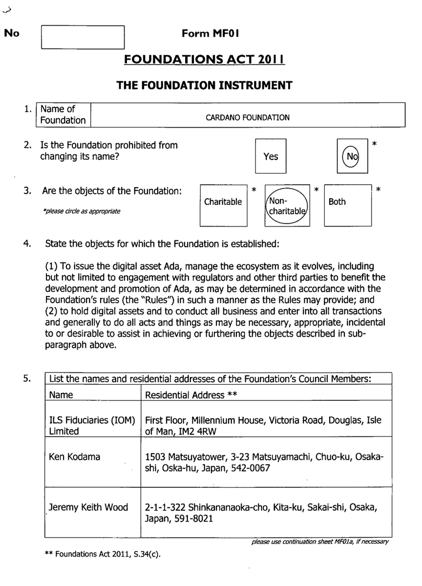 Bkclaims's tweet photo. I've spent most of yesterday collecting the original Isle of Man filings relating to the earliest Cardano Foundation structure.

Trying to be as charitable and document-driven as possible, the records appear to show that the original Isle of Man foundation involved Charles Hoskinson, Jeremy Wood, Ken Kodama, and a corporate services provider. The founder's identity remains redacted in the public filings, as well of the Enforcer.

More interestingly, later filings show Charles Hoskinson serving as the Foundation's "Enforcer."

Documents attached. 🧵