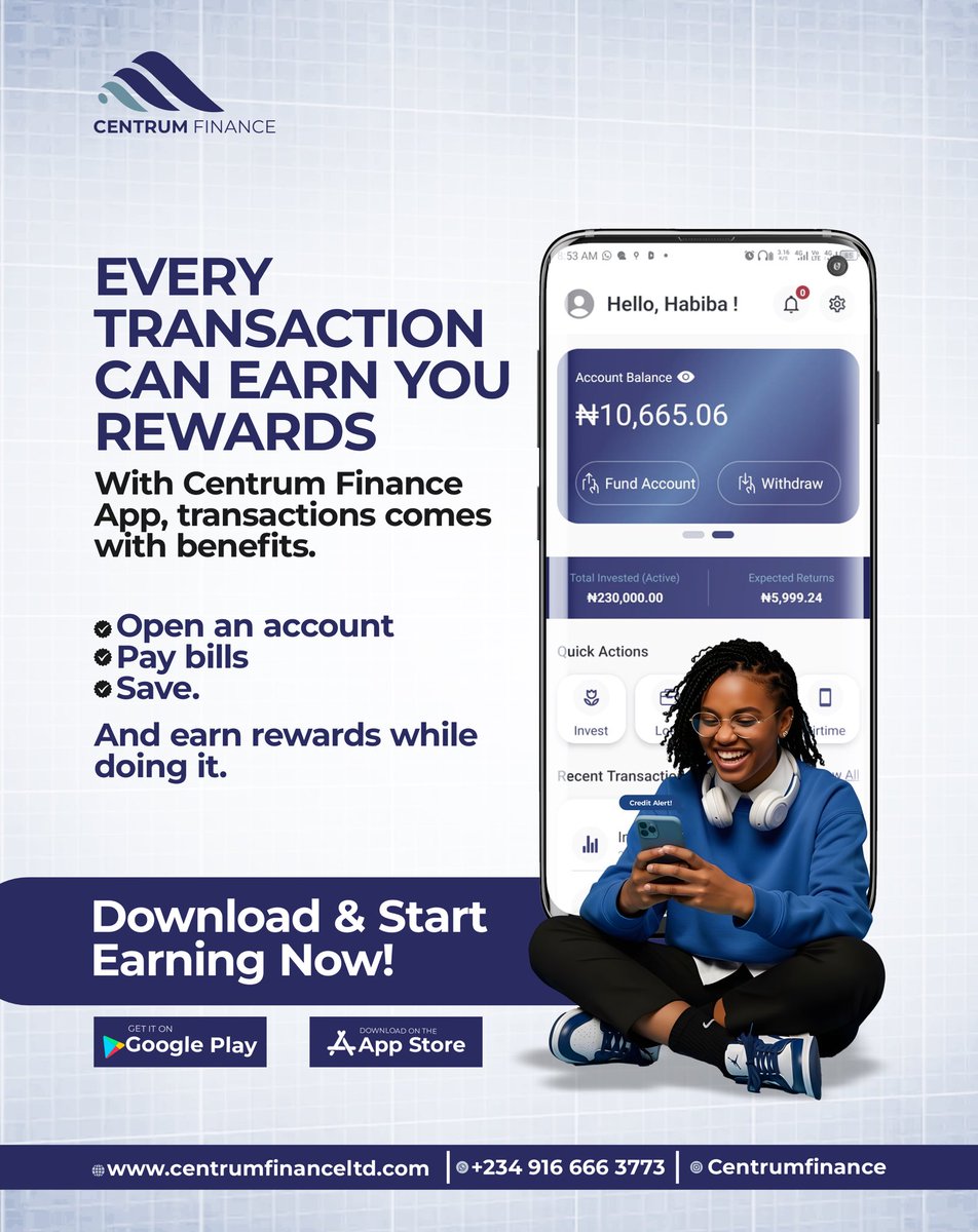 CentrumFCLtd's tweet photo. Did you know? 

Every transaction on the Centrum Finance Mobile App can earn you rewards! 

Open an account 
Pay bills 
Save money 

And get rewarded while doing it.

Download the app and start earning today.

#CentrumFinance #CentrumFinanceOnTheGo https://t.co/yW9FwtTYbY