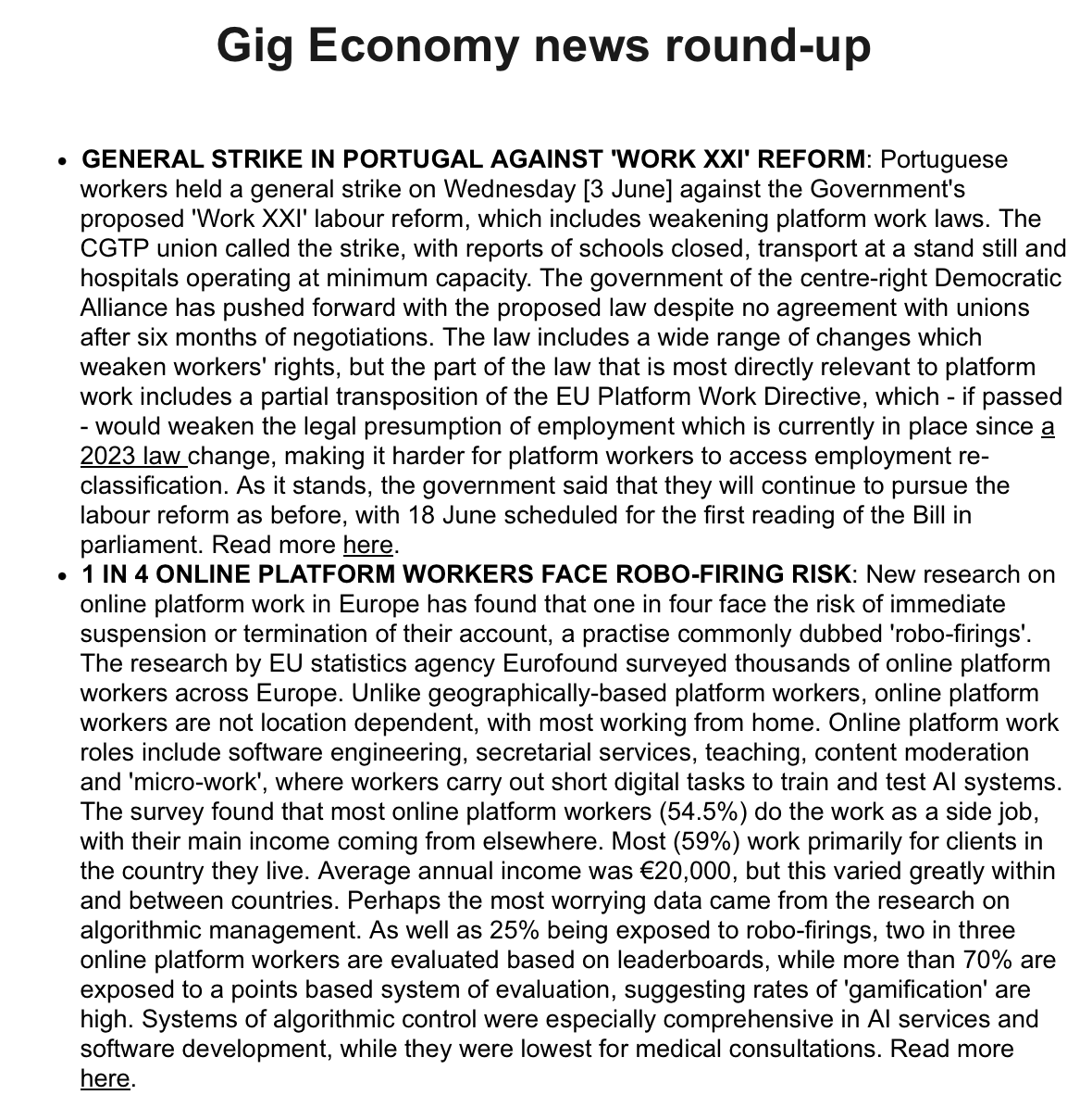project_gig's tweet photo. News: 

🇵🇹 General strike against Work XXI labour reform
🇪🇺 1 in 4 online platform workers face robo-firing risk
🌎 Uber CEO admits less drivers in cities with robo-taxis
🇪🇸 Accountancy firm KPMG questions financial viability of Glovo https://t.co/Tjec4eCqTf
