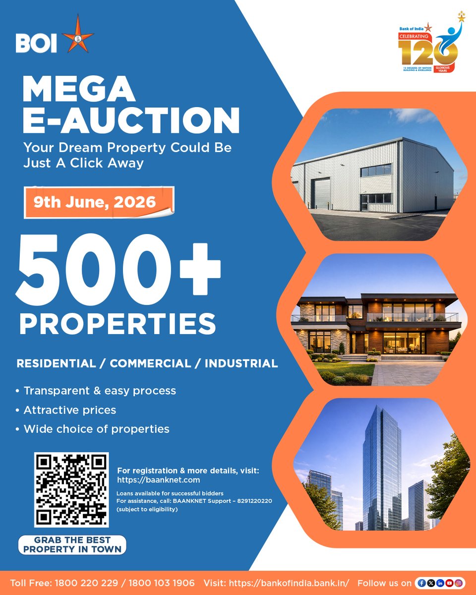 BankofIndia_IN's tweet photo. Explore 500+ residential, commercial, and industrial properties across multiple locations through Bank of India’s Mega E-Auction, available at attractive prices.
Register today and participate on 9th June 2026.
#BankOfIndia #MegaEAuction #BAANKNET #PropertyDeals @LtdPsb https://t.co/56zYKpv3LQ
